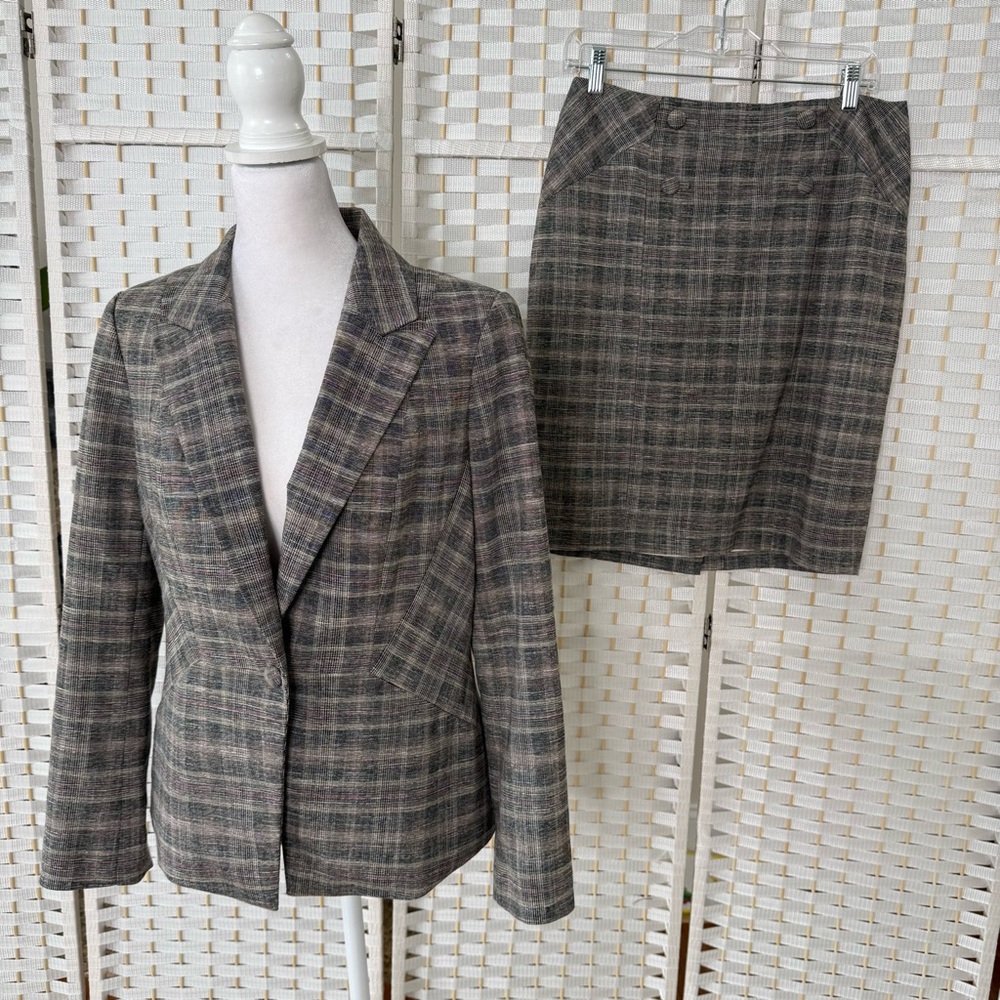 WHBM Jacket Womens  Multicolour Plaid One Button Career Blazer and Skirt